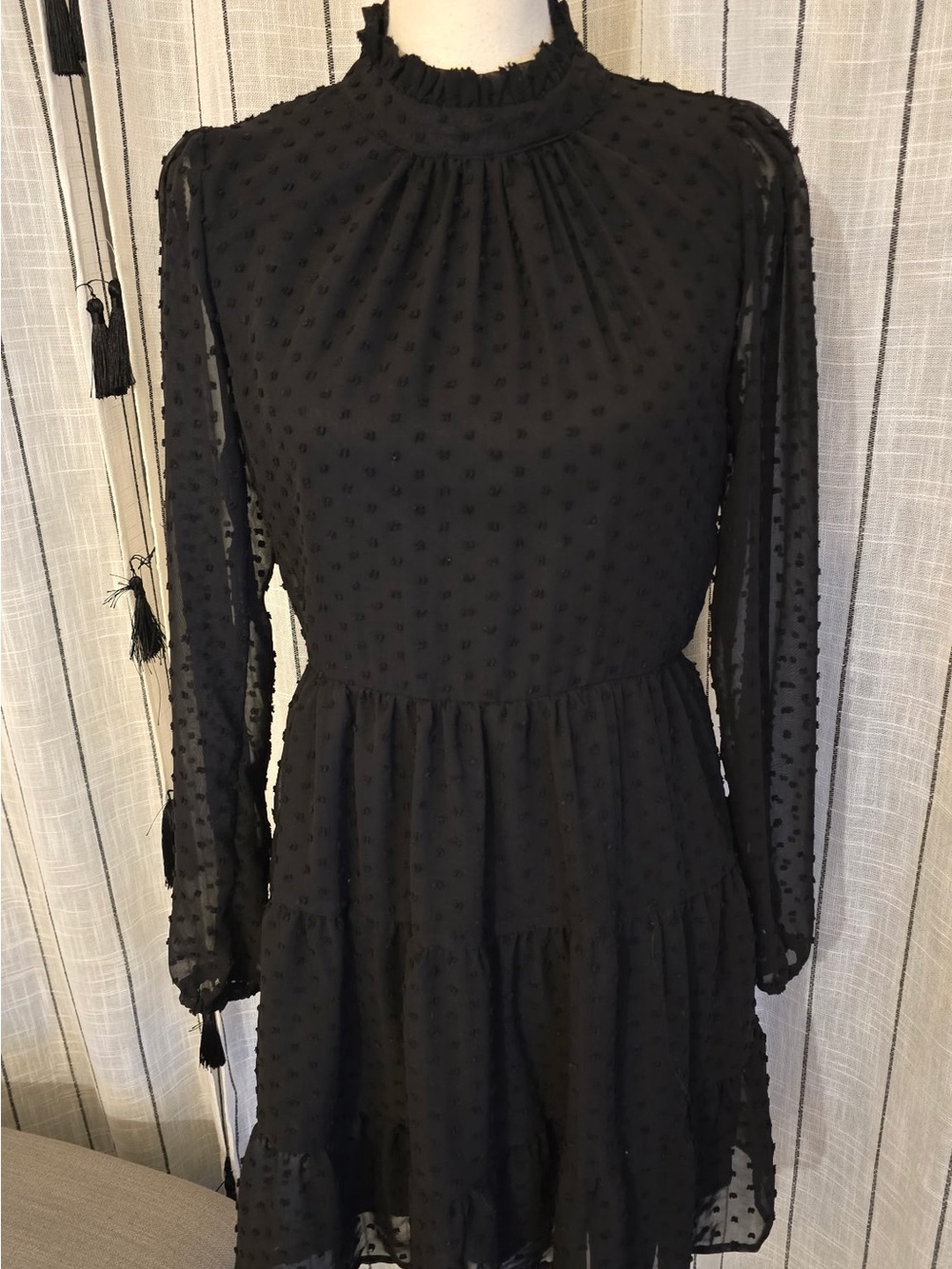Trixxi Black Long Sleeve Swiss Dot Tiered Mini Dress with Ruffled Neckline